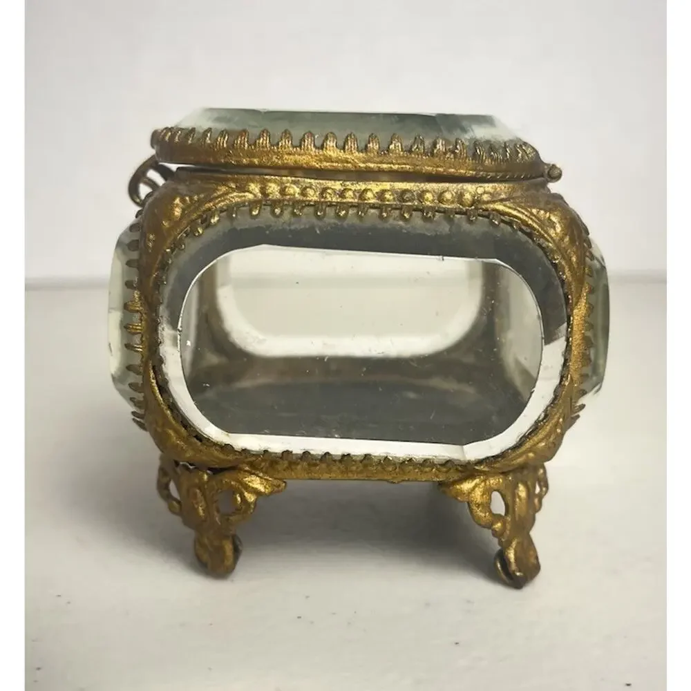 Vintage French Style Ormolu Gold Jewelry Box Casket Beveled Glass Footed Ornate